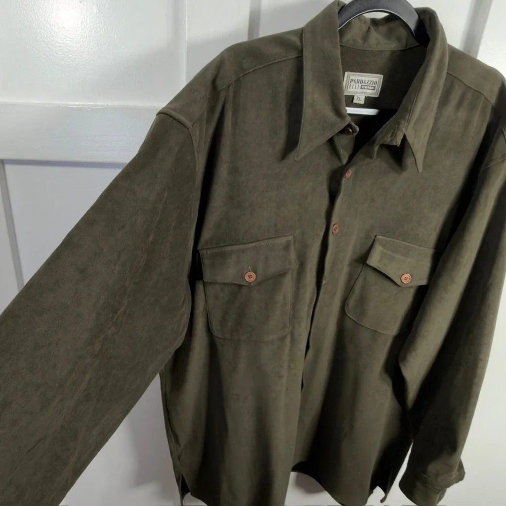 Pardazzo Uomo Suede Feel Button Down Shirt Olive Green Size XL‎